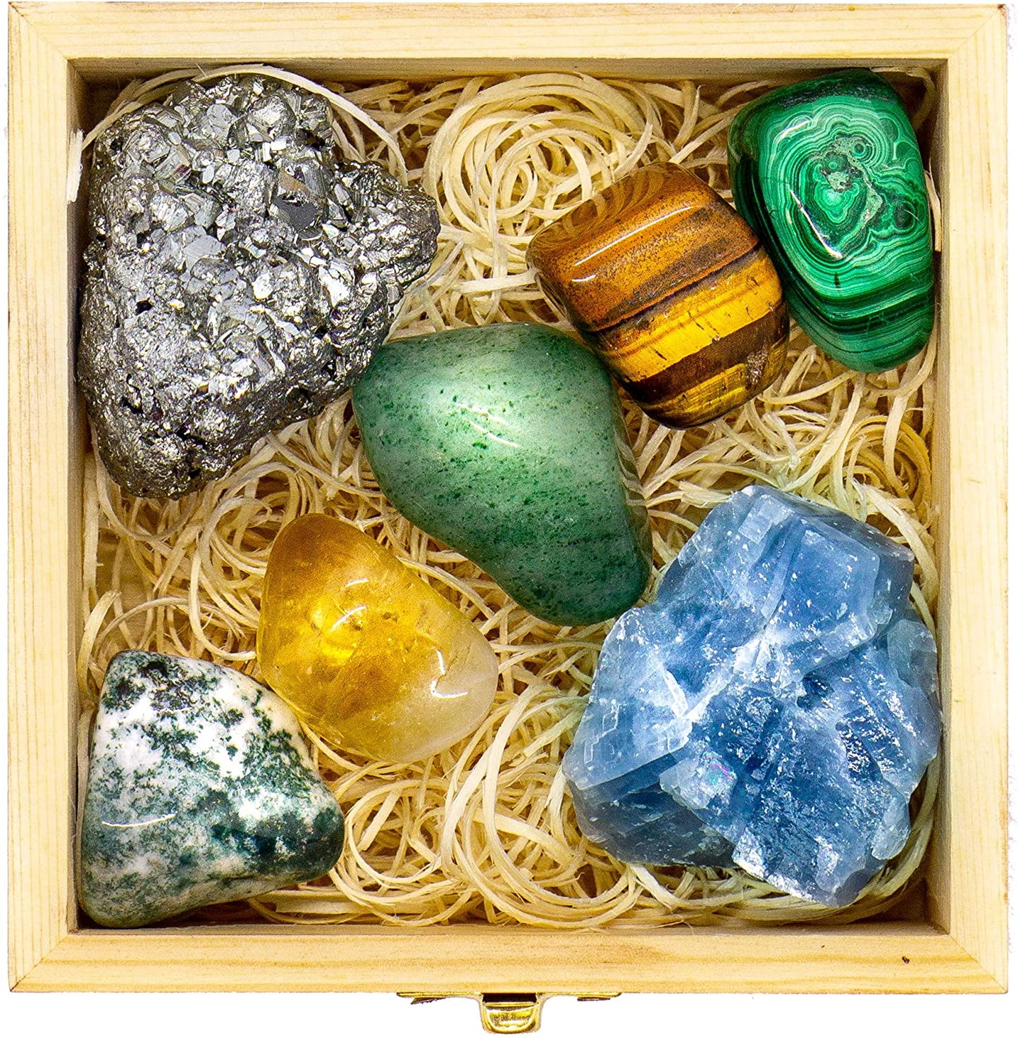 Abundance and Prosperity Healing Crystals, 100% Authentic, Wooden Gift Box + 50Pg EBOOK- Malachite, Pyrite, Citrine, Aventurine, Blue Calcite, Tree Agate, Tiger Eye + Info Guide, Made in USA