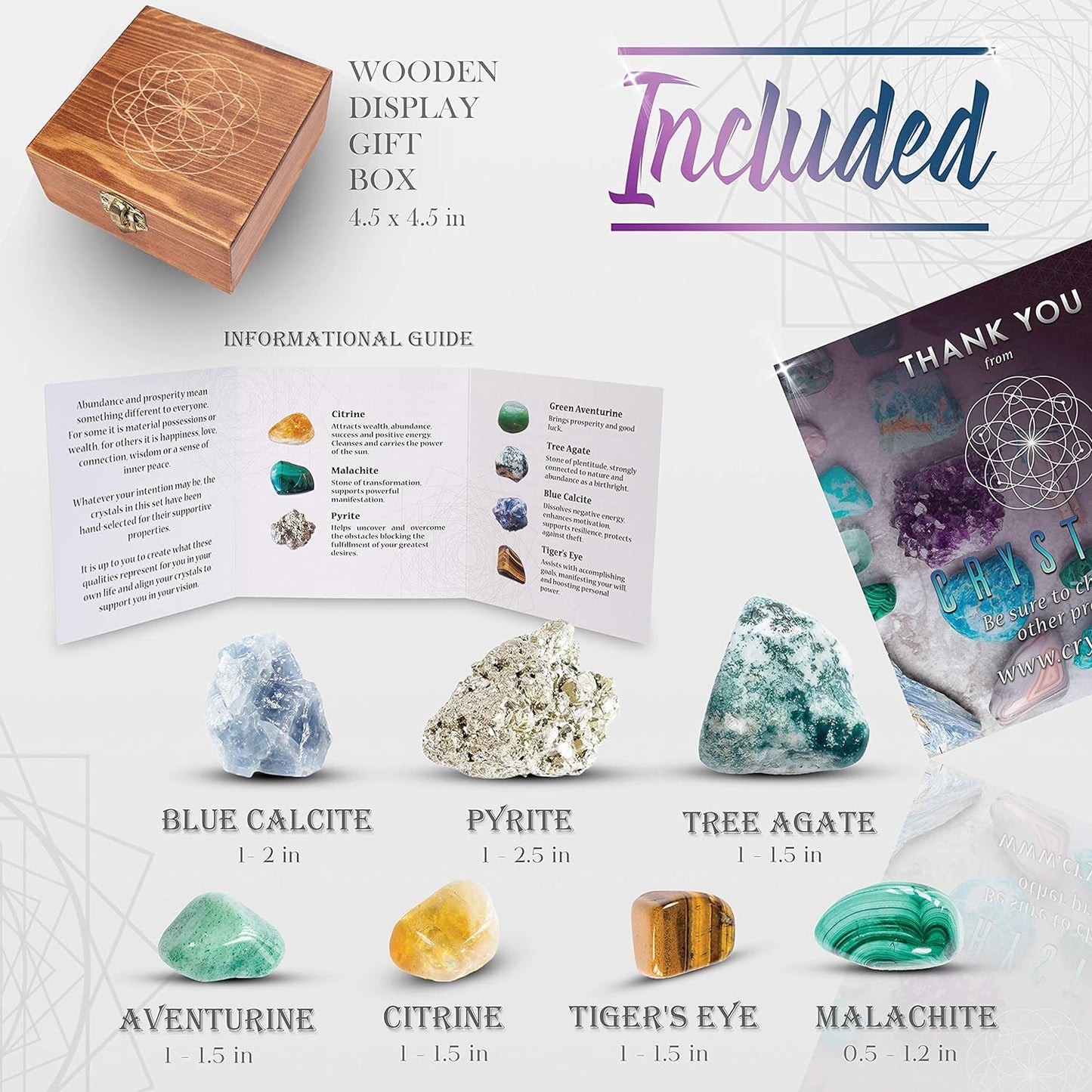 Abundance and Prosperity Healing Crystals, 100% Authentic, Wooden Gift Box + 50Pg EBOOK- Malachite, Pyrite, Citrine, Aventurine, Blue Calcite, Tree Agate, Tiger Eye + Info Guide, Made in USA